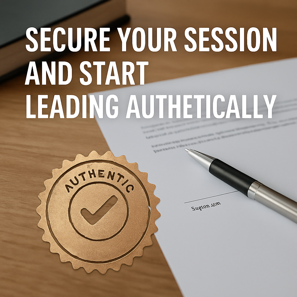 A document and pen on a wooden desk with a golden seal labeled “Authentic,” overlaid with the text “Secure Your Session and Start Leading Authentically.”