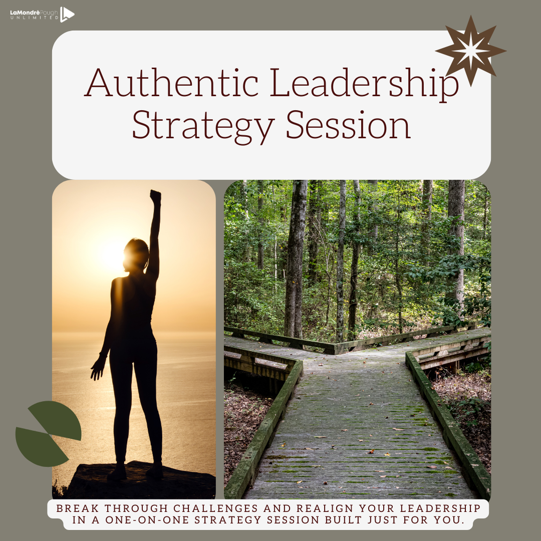 A promotional graphic for the “Authentic Leadership Strategy Session” featuring two images: on the left, a silhouette of a person raising one arm against a golden sunset over water, symbolizing empowerment; on the right, a wooden path leading into a green forest, symbolizing direction and clarity. The headline reads “Authentic Leadership Strategy Session,” and text at the bottom says, “Break through challenges and realign your leadership in a one-on-one strategy session built just for you.”